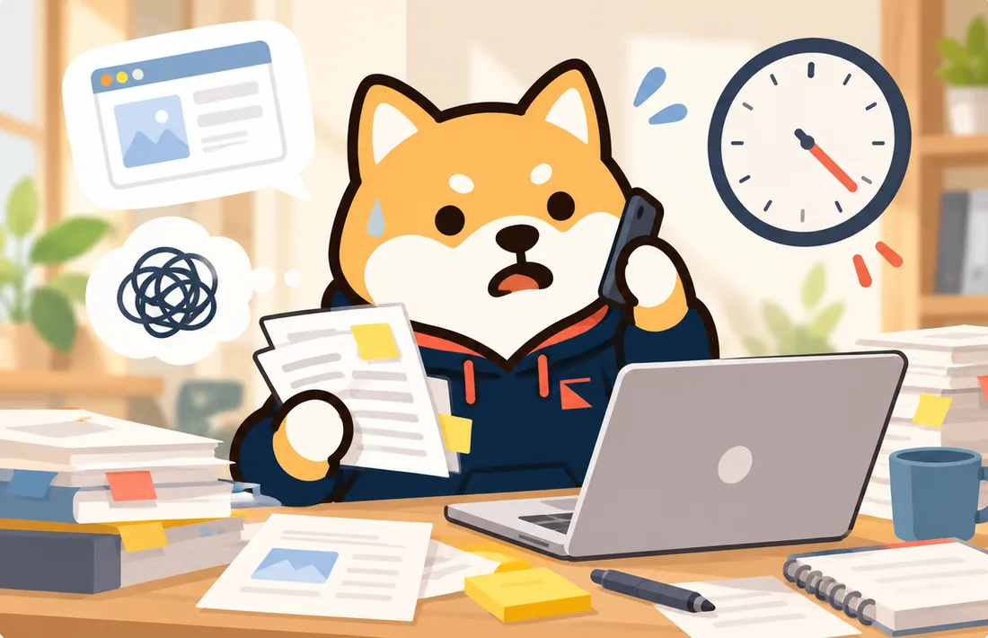 書類の山と電話に追われ、時計を気にするネクバレ君