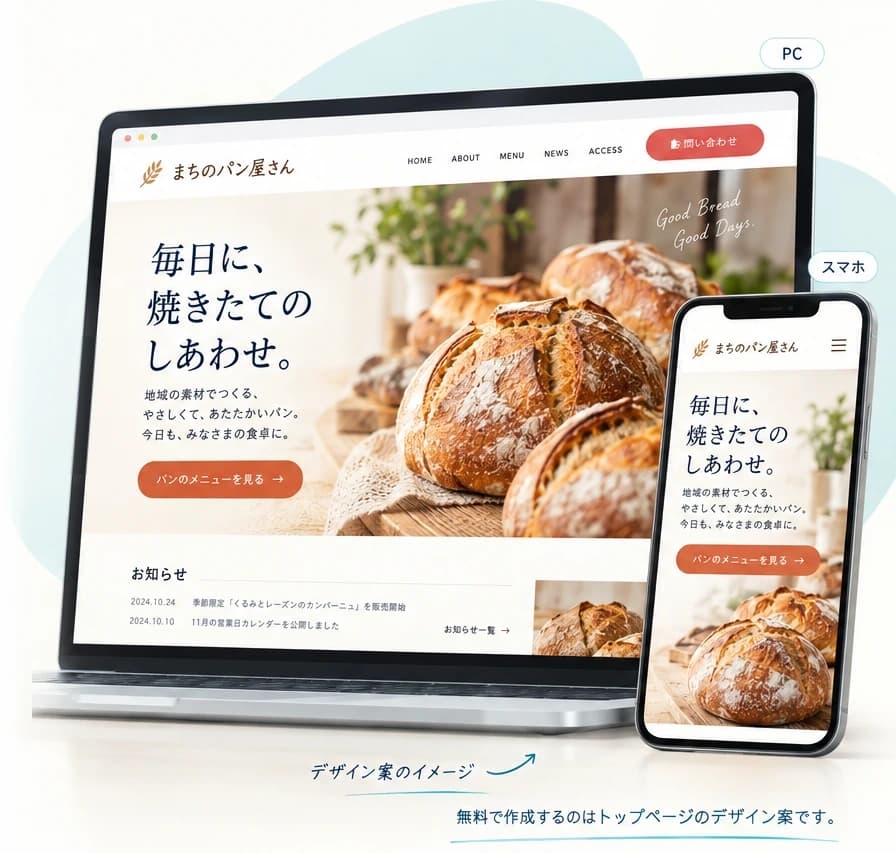 デザイン案のイメージ:パン屋のホームページをパソコンとスマートフォンで表示した例。無料で作成するのはトップページのデザイン案です。