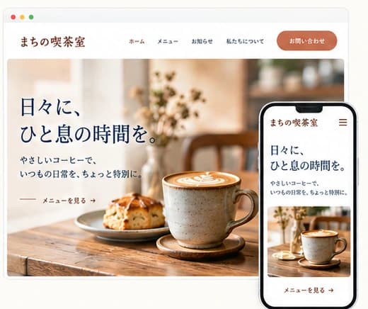 喫茶店のホームページのデザイン案(PCとスマホ)